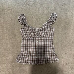 Brown Plaid Ruffle Sleeve Top Holister S